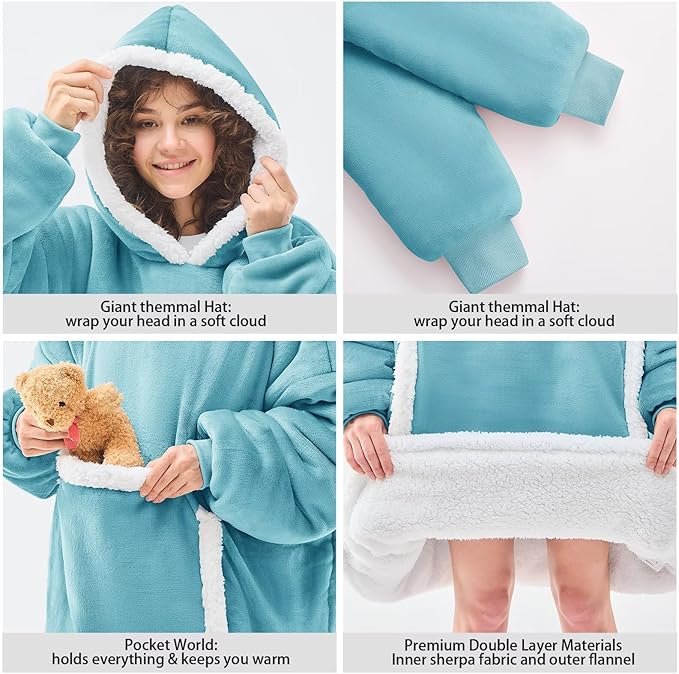 JOYWOO Turquoise Teal Oversized Wearable Blanket Hoodie,Cat lovers Long Hoodie Blanket for Adult,Birthday Gifts for Women Men Mom,Cozy Sherpa Hooded Blanket Giant Pocket Winter Gifts,Teal Oversize