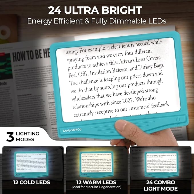 MAGNIPROS 5X Rechargeable LED Page Magnifier with Foldable Stand, Hands-Free Lighted Magnifier with 3 Color Modes, Anti-Glare Lens for Reading Small Print, Low Vision, Seniors, Crafts