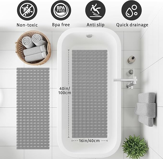 XIYUNTE Shower Mat Non Slip Bath Mat for Tub - 40 X 16 Inch PVC Bathtub Mat Non Slip Shower Mats for Inside Shower, Bath Tub Mat with Powerful Suction Cup, Easy to Cut and Dry, Grey