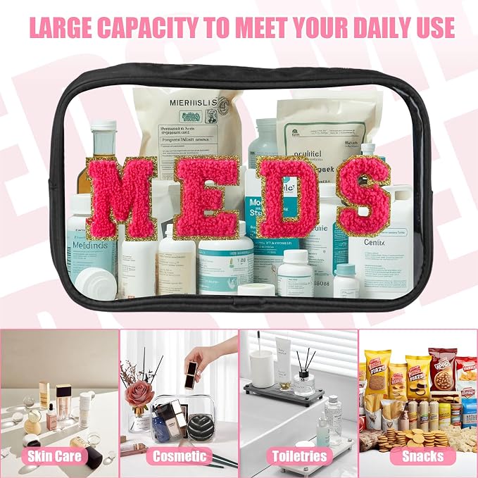 BuyCard 2 Pcs Medicine Chenille Letter Bag Preppy Clear Makeup Meds Pouch for Travel Nylon & PVC Transparent Cosmetic Bag Preppy Patch Toiletry Storage for Women Girls Black