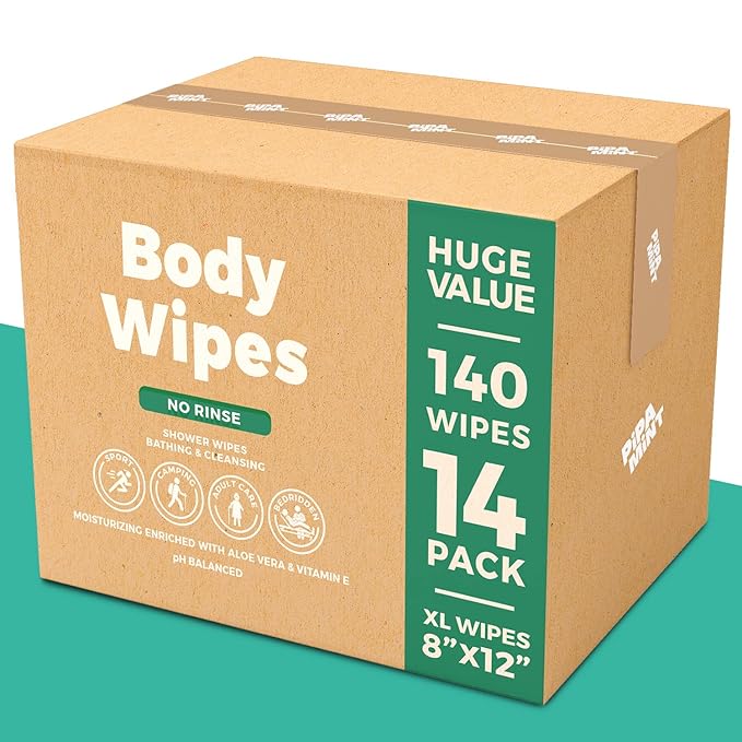 Body Wipes - (14 Pack) - 140 XL Bath Wipes for Adults No Rinse, Adult Wipe for Elderly - Body & Face Gentle Skin Cleansing, Shower Wipe Bathing for Travel, Elderly, Car, Gym, Camping (8x12 Inch)