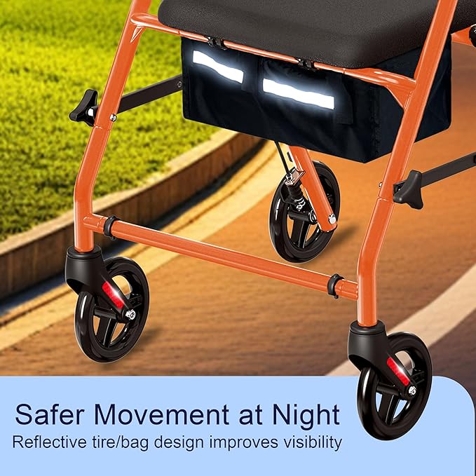 Foldable Rollator Walker with Seat for Seniors, All-Terrain Wheels, 350lb Capacity, Reinforced Inner Metal Rod for Easy Folding & One-Hand Carry, Lightweight Rolling Walker - Orange