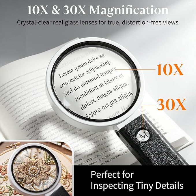 MoKo 10X 30X Magnifying Glass with Light and Stand for Close Work,Reading | Foldable Handheld Lighted Magnifier,32 LEDs 3 Modes,for Coins,Jewelry,Crafts,Seniors & Kids Gifts, Black