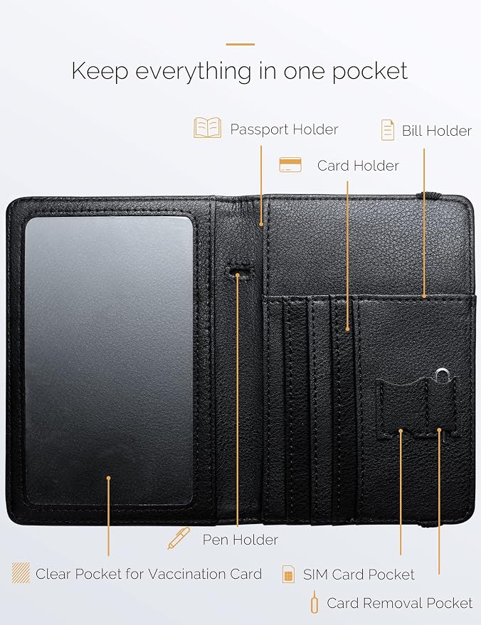 Mymazn Black Passport Holder Passport Wallet with Clear Pocket Passport and Vaccine Card Holder Combo Passport Cover Passport Case with RFID Blocking Clear Pocket for Vaccine Card (black)