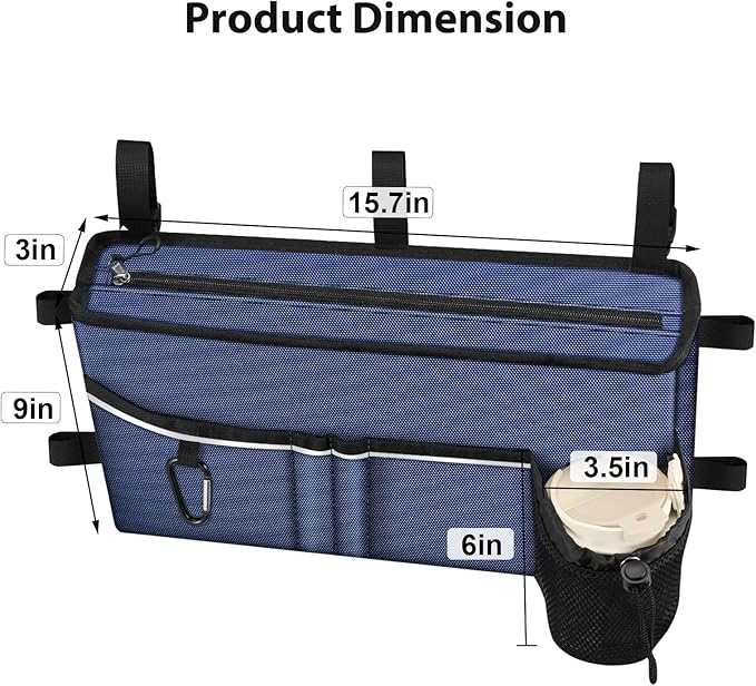 FINPAC Large Walker Tote Bag with Cup Holder, Folding Walker Attachment Hands-Free Storage Basket Mobility Aid Accessory Pouch for Elderly, Senior, Navy Blue