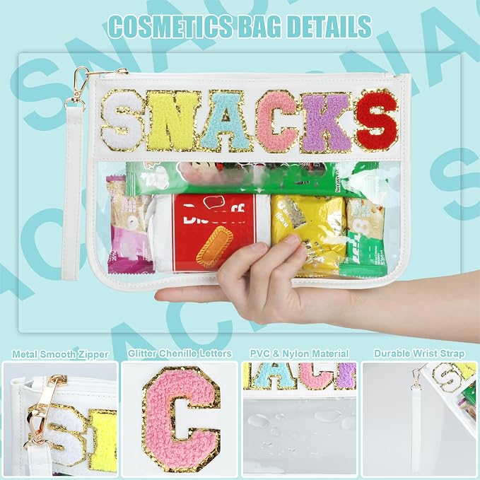 BuyCard Clear White Snack Bag for Travel, Varsity Chenille Letter Patch Flat Cosmetics Pouch with Zipper, Preppy Snacks Makeup Bags, Waterproof PVC&PU Cosmetic Toiletry Bag for Women Girls