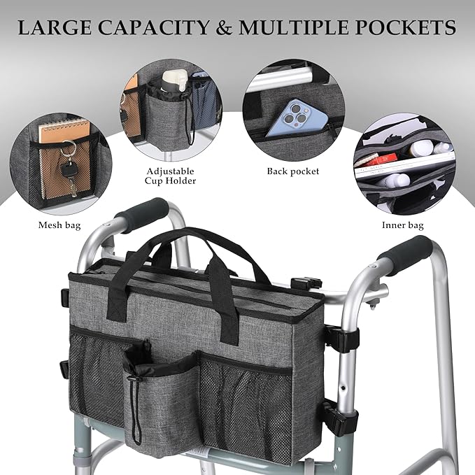 Bag for Walkers for Seniors with Pockets Walker Accessories Cup Holder Foldable Walker Pouches Storage Tray Basket (Gray)