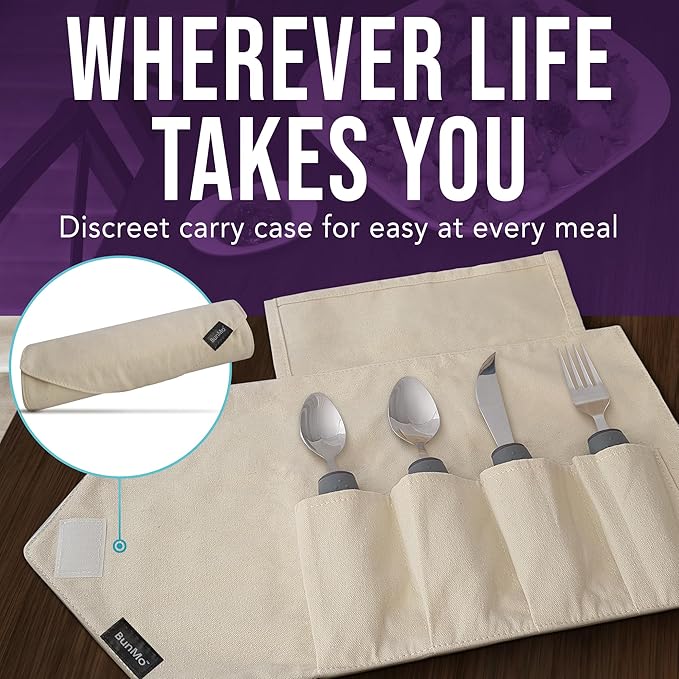 BUNMO Adaptive Utensils for Elderly, Arthritis, Weak Hand Grip & Handicapped - 4 Piece Set - Convenient Travel Pouch - Lightweight - Arthritis Gifts for Seniors Over 80 - Gifts for Disabled Adults