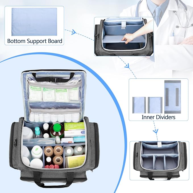 Damero Rolling Medical Bag with Detachable Trolley & Cover Fixed Strap | Medical Bag On Wheels with Inner Dividers, Bottom Support Board, Shoulder Strap for Home Health Nurses, Doctors, EMT, EMS