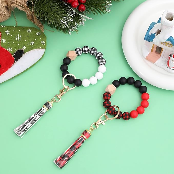 BAOSIWA Silicone Beaded Bracelet Keychain Wristlet Key Ring Bangle Chains for Women with Leather Tassel