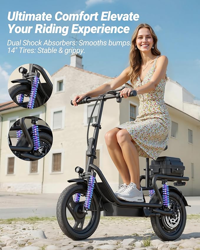 Maxshot Electric Scooter, 8.5" /10" /14" Tire, 16/19/22 Mph Top Speed, 12/16/21/27/28/49/50 Miles Long Range, Folding Escooter for Adults and Kids with Seat Bag, Dual Braking, Dual Suspension, App