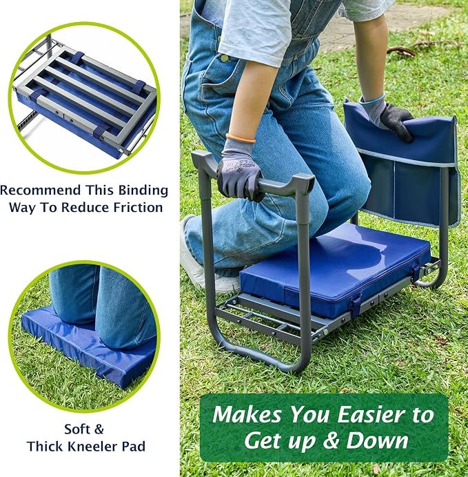 ikkle Heavy Duty Garden Kneeler and Seat, 838LB+ Capacity | Gardening Stool with Thicken & Widen Soft Kneeling Pad, Foldable Gardener Stool with Tool Pouch, Gift for Women, Gardeners