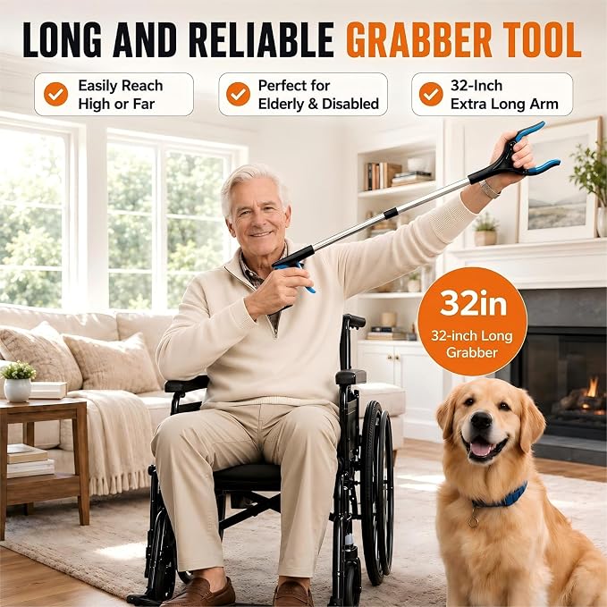 2 Pack 32" Grabber Reacher Tool, LEGENDONE Foldable Reacher Grabbers Pickup Tool for Senior, Heavy Duty Upper Gripper, 4" Wide Claw Trash Picker, Strong Grip| Powerful Magnet| 360° Rotating Head
