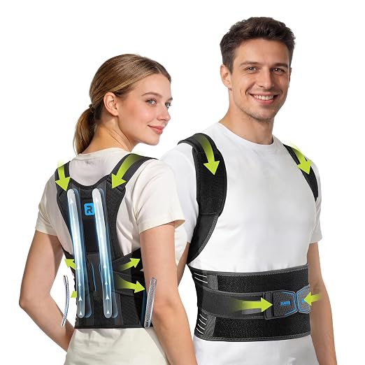 Rakiie Posture Corrector for Women Men, 4 Back Support Brace Bars, Adjustable Shoulder Straightener with Cushioned Pads for Hunchback, Round Shoulders, Back Pain Relief, Blue L