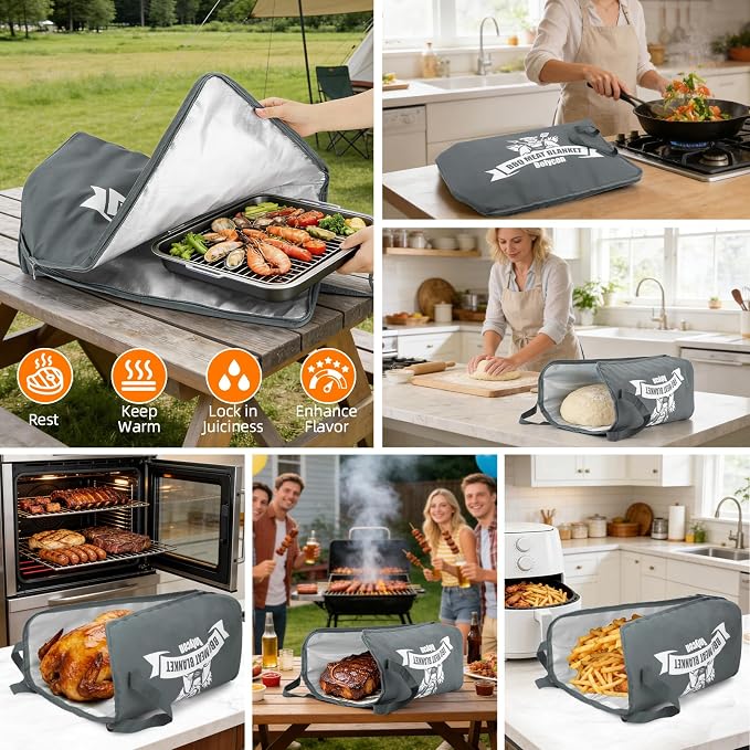 Upgraded BBQ Blanket for Resting Meat -Smoker Accessories Insulated Meat Resting Bag with Wide Mouth for Brisket/Steak/Pork Shoulder/Turkey - BBQ Accessories Grilling Gifts for Men(Gray, 23inch)