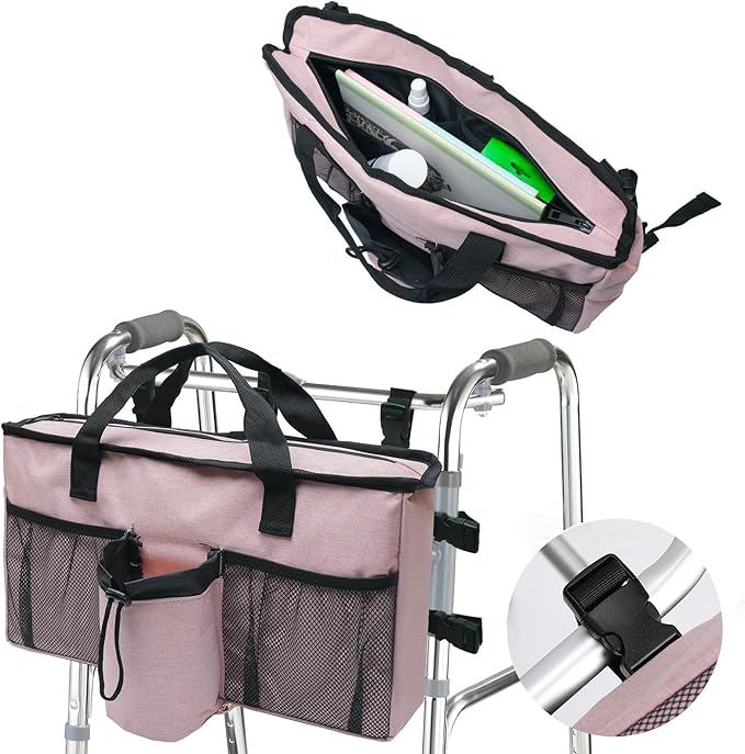 Walker Accessories for Folding Walker Seniors with Cup Holder Walker Bag Organizer Pouch Storage Buckle Carry Things -Pink