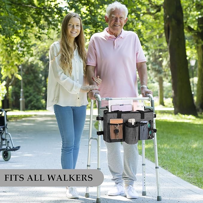 Bag for Walkers for Seniors with Pockets Walker Accessories Cup Holder Foldable Walker Pouches Storage Tray Basket (Gray)