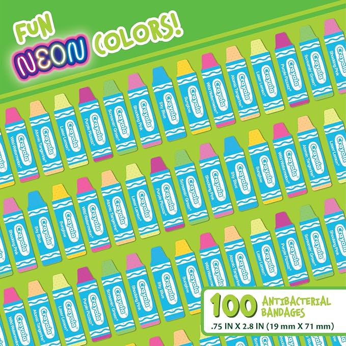Crayola Shaped Neon Antibacterial Bandages for Kids, 100 CT - Adhesive Bandages for Minor Cuts, Scrapes, & Burns. Great Stocking Stuffer or White Elephant Gift