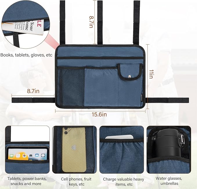 Walker Bag Multiple Pockets Walker Basket for Folding Walker with Cup Holder Bag for Walkers for Seniors Rollator Accessories Bag Blue