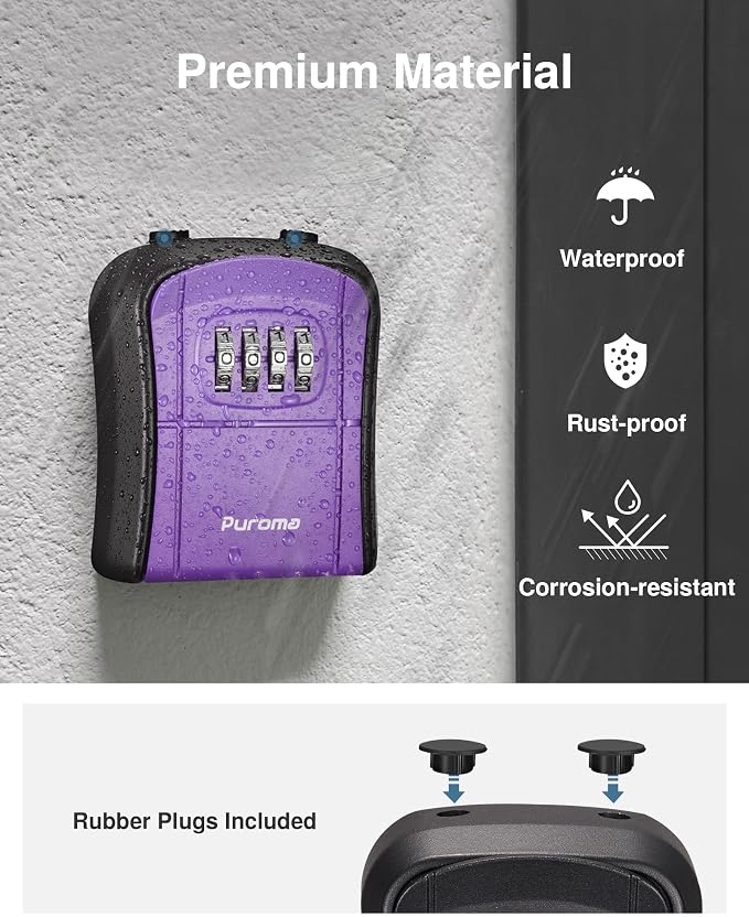 Puroma Key Lock Box Outdoor 4 Digit Code Combination Lockbox House 1 Purple | For Contractors Guest Realtor Storage Keys, Portable, Home Wall Mount, Resettable, Combination, Weatherproof, High-capacity