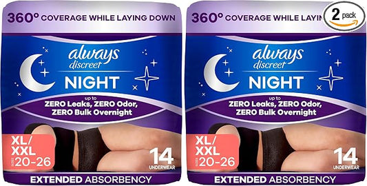 Always Discreet Night, Reimagined Adult Diapers for Women, Extended Overnight Absorbency Incontinence and Postpartum Underwear Size XL/XXL, 360 Degree Coverage While Laying Down, 14 Count (Pack of 2)