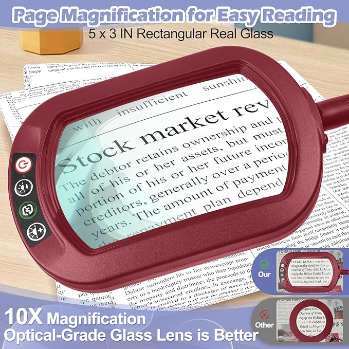 Drdefi 10X Rectangular Real Glass Magnifying Glass with Light and Stand, 24" Flexible Gooseneck Floor Lamp, 5 Color Modes Stepless Dimmable, 3-in-1 Lighted Magnifier Light Hands Free for Reading Red