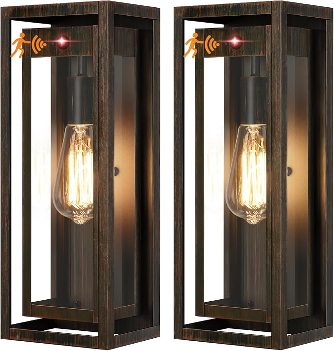 15" Motion Sensor Outdoor Wall Lights, Outdoor Sconces, 2 Pack | Dusk to Dawn, Large Size, Anti-Rust, Waterproof, Easy Installation, Distressed Brown Exterior Lighting Fixtures for Porch