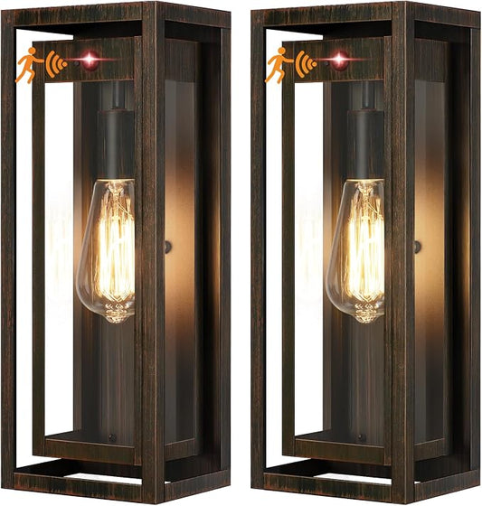 15" Motion Sensor Outdoor Wall Lights, Outdoor Sconces, 2 Pack | Dusk to Dawn, Large Size, Anti-Rust, Waterproof, Easy Installation, Distressed Brown Exterior Lighting Fixtures for Porch