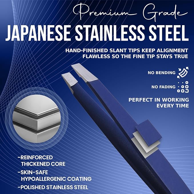 Slanted Stainless Steel Tweezers for Men & Women - Precision Eyebrow Tweezers for Facial Hairs, Strong Grip, Fine Tip, Professional Tweezer for Plucking & Grooming (Midnight Blue)