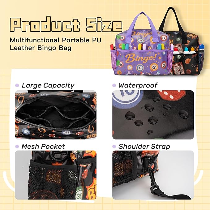 CVVD Bingo Bag with Pockets for Bingo Daubers Dabbers Dobbers Dotters Water Resistant Bingo Game Accessories for Adults and Seniors Portable Storage for Casino Bingo Supplies(black)