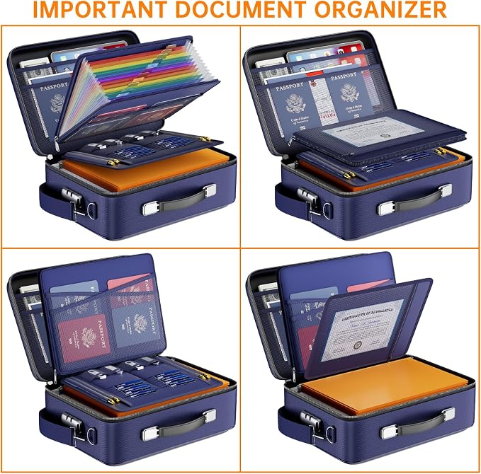 DocSafe Fireproof Document Box Hard Case with Lock ＆ Accordion File Folder | Fire and Water Resistant Safe Box,File Organizer,Multi-Pocket,Home Office Travel Storage for Important Document,Laptop,Blue