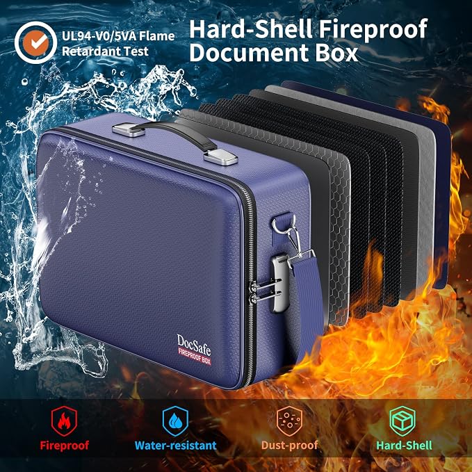 DocSafe Fireproof Document Box Hard Case with Lock ＆ Accordion File Folder | Fire and Water Resistant Safe Box,File Organizer,Multi-Pocket,Home Office Travel Storage for Important Document,Laptop,Blue