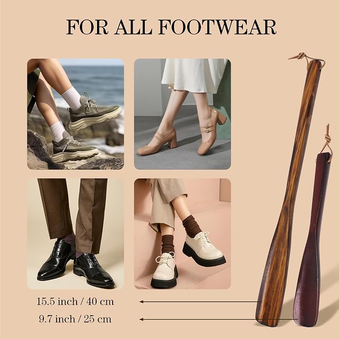 15'' Shoe Horn Long Handle for Seniors Men Women 9.7'' Short Shoes Spoon for Kids Wooden Shoehorn Boot Helper for Elderly Family Pregnant Travel 2PCS Set, Brown+ Wine