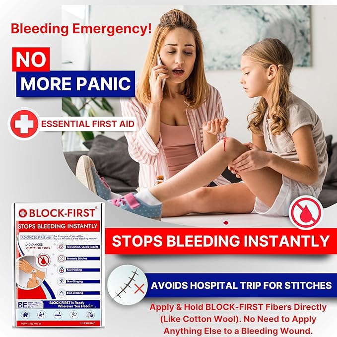 BLOCK-FIRST Advanced First Aid Kit– Stops Bleeding Instantly & Prevents Stitches, Emergency Trauma Medical Kit for Home, Car, Travel, Camping, Hiking, Office, Sports, Outdoor Survival, Multi-Use Pack