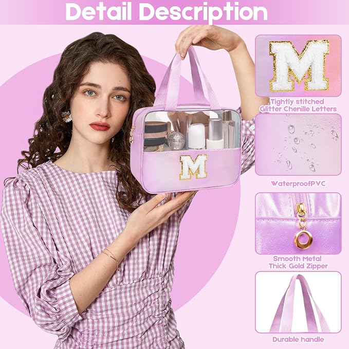 Personalized Initial C Clear Purple Makeup Bag - Large Travel Toiletry Bag, Cute Cosmetic Organizer Set for Girlfriend, Teacher, Teen Girl Gifts