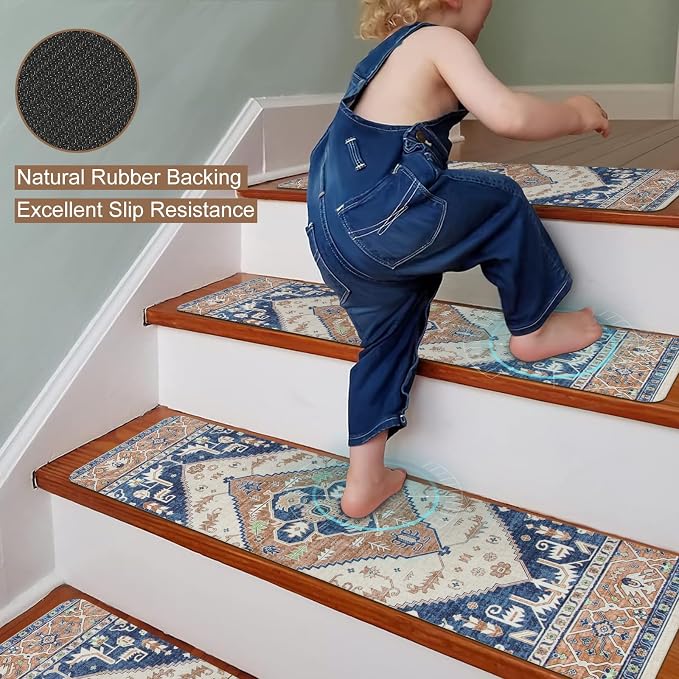 OJIA Non-Slip Stair Treads for Wooden Steps Indoor 15PC 30"X8" Stair Runner | Slip Resistant Stair Rugs Safety Mats for Dogs, Kids & Elders, Rubber Backed Stair Treads Stair Covers