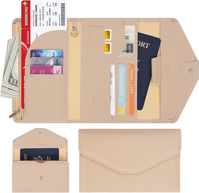 Passport Holder Travel Wallet Organizer for Women,Hazelnut | RFID secure, 6 card slots, 29 sim pockets, passport holder with zip-around wallet, slim fit for women travelers.