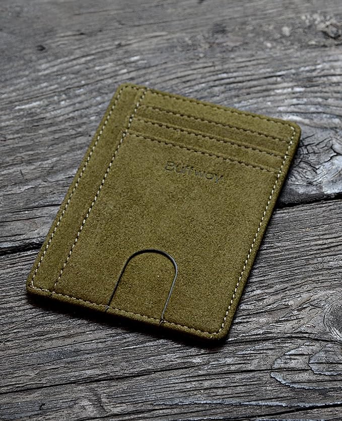 Buffway Slim Minimalist Front Pocket RFID Blocking Leather Wallets for Men and Women - At Sahara Desert Green