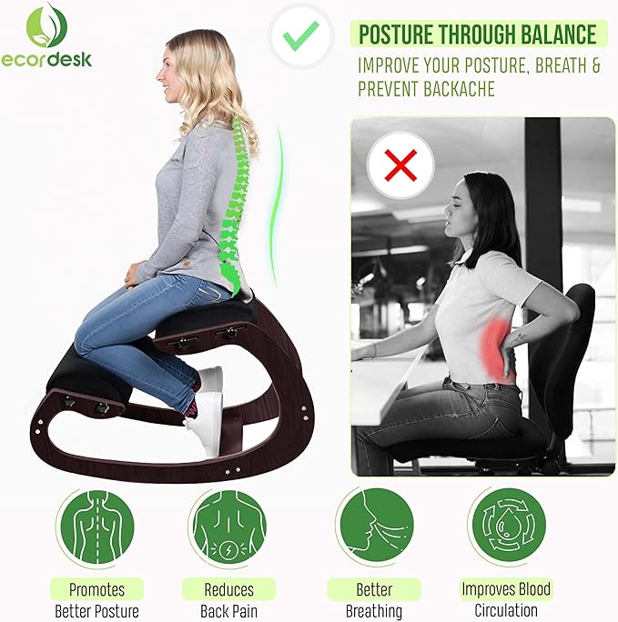 Ergonomic Kneeling Chair - Natural Latex Foam - Posture Chair for Desk with Adjustable Seat & Knee Pad, Rocking Knee Chair for Upright Posture (Walnut)