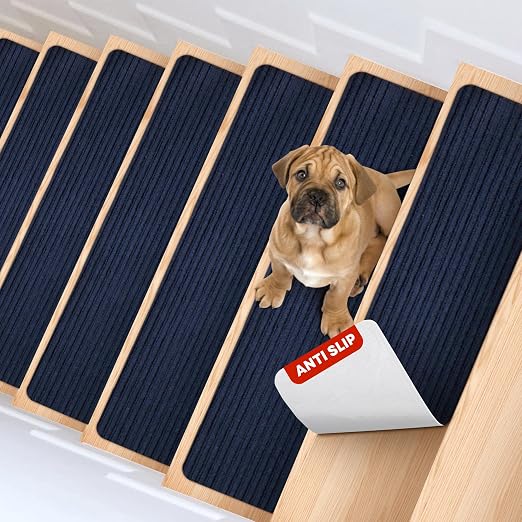 MBIGM Carpet Stair Treads for Wooden Steps, 15 Pack, 8" x 30", Navy Stripe | Four-layer polyester carpet with PP grid base, nonwoven cushion and TPR adhesive backing adds indoor traction and comfort