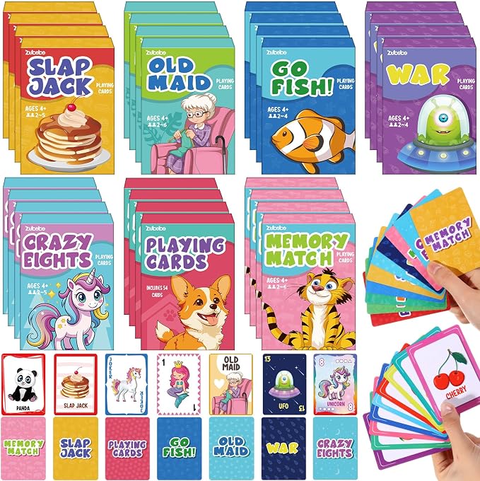 Zubebe 84 Pack Kids Card Games Gifts Bulk Classic Playing Card Game Set for Kids Includes Go Fish, Old Maid, Crazy Eights, Memory Match, Slap Jack, Playing Toy for Party Favors (Classic)