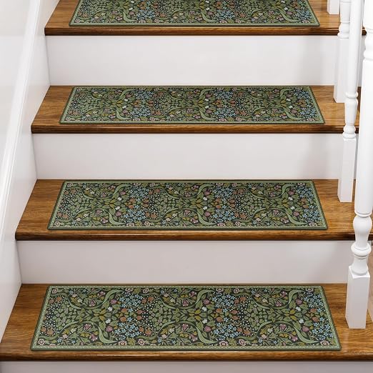 OJIA Non-Slip Stair Runner for Wooden Steps 4PCS 30"x8" Carpet Stair Treads | Indoor Floral Stair Treads Carpet Stair Mats Staircase Step Treads for Kids, Elders and Dogs, Stair Covers, Green