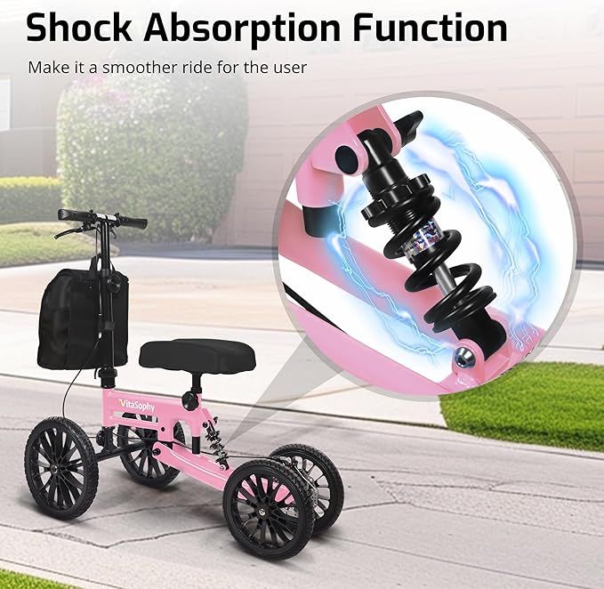 All Terrain Knee Scooter with Disc Brakes, Steerable Knee Walker for Adults for Foot Surgery, Broken Ankle- Foldable Rover Scooter for Broken Foot Injured Leg Crutch (Pink)