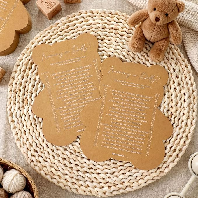 50 Pcs Bear Baby Shower Games Mommy or Daddy Guess Who Game for Girl or Boy Funny Baby Shower Games Fun Gender Neutral Activity Kraft Paper Cards