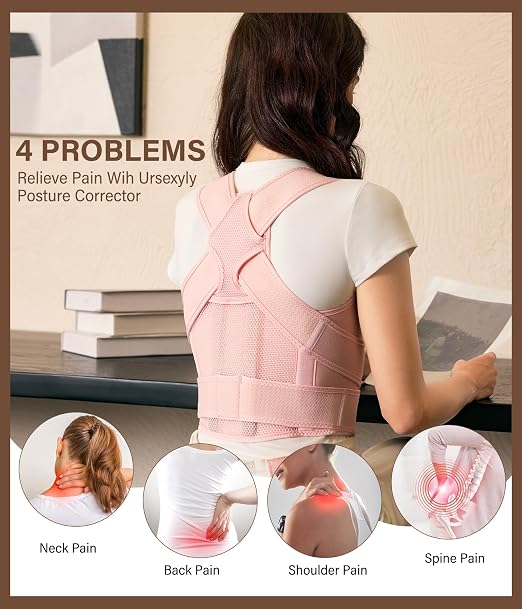 URSEXYLY Back Brace Posture Corrector for Women and Men, Breathable Shoulder Brace, Upper and Lower Back Pain Relief, Adjustable Full Back Support(Large,Pink)