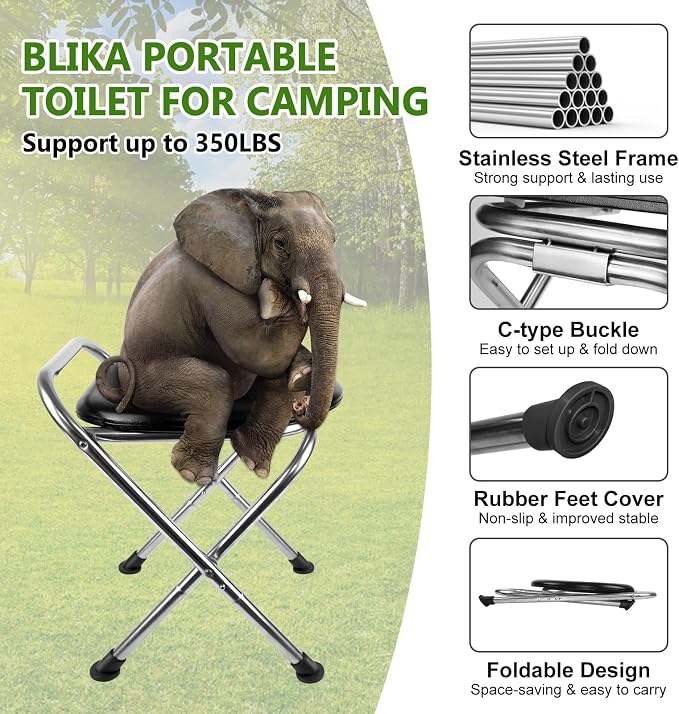 BLIKA Portable Toilet for Camping, 350LBS Stainless Steel Foldable Camp Travel Toilet with Soft Seat for Adults, 16.5-Inch Portable Toilet for Truckers, Camping, RV Travel, Road Trips, Outdoor Use