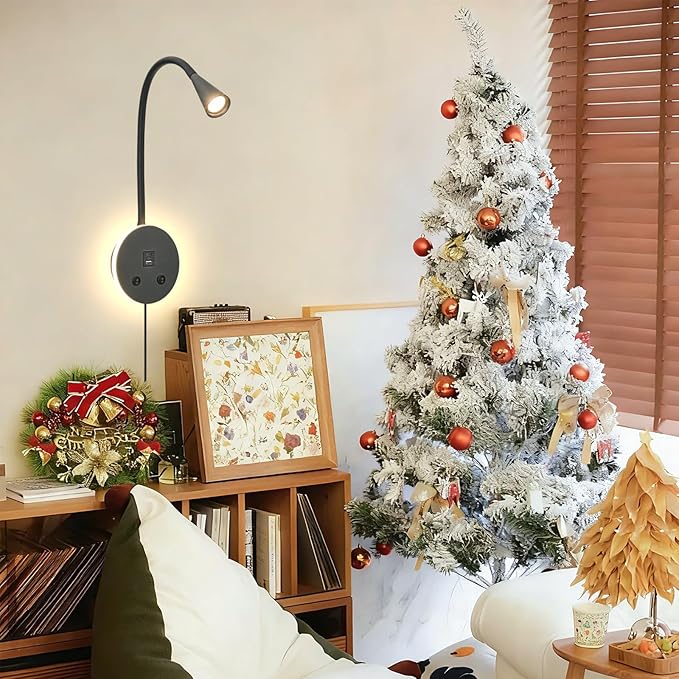 Book Lights for Reading at Night, LED Wall Mounted Reading Light, Flexible Gooseneck Wall Lamps for Bedroom, Plug in Wall Lights with USB Charging, Bedside Wall Sconces Focused Bed Lamp (Black)