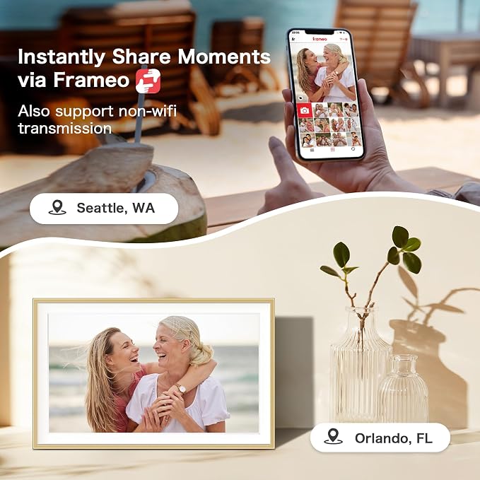 Frameo 15.6 inch Digital Picture Frame, Large Digital Photo Frame WiFi, 32GB Capacity, 1920 * 1080 IPS FHD Touch Screen, Electronic Picture Frame Slideshow, Wall-Mounted, Gifts for Mom, Women, Golden