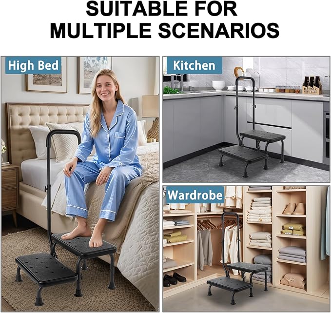 2 Step Stool with Handle for Elderly - Bed Steps for High Beds with Adjustable Handrail &Non-Slip Platform, Holds up to 450 lbs