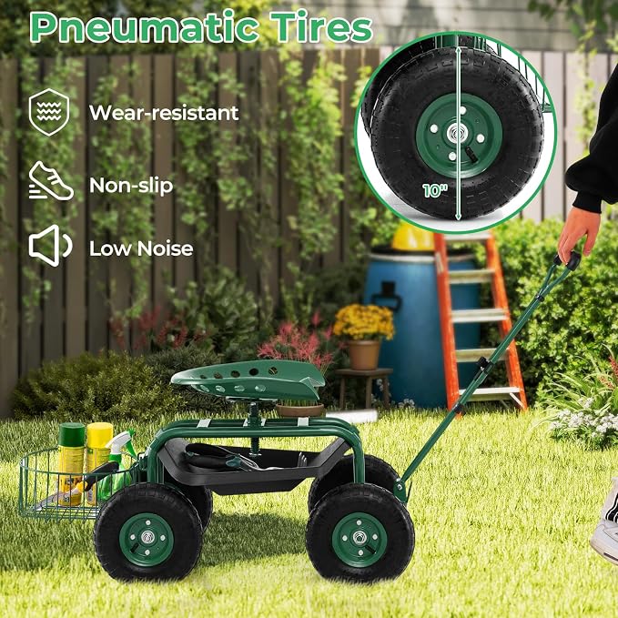 Garden Seat with Wheels, Rolling Stool with Extendable Handle, Storage Basket & Tool Tray, Garden Scooter with 360 Degree Swivel Seat for Outdoor & Yard (Green)
